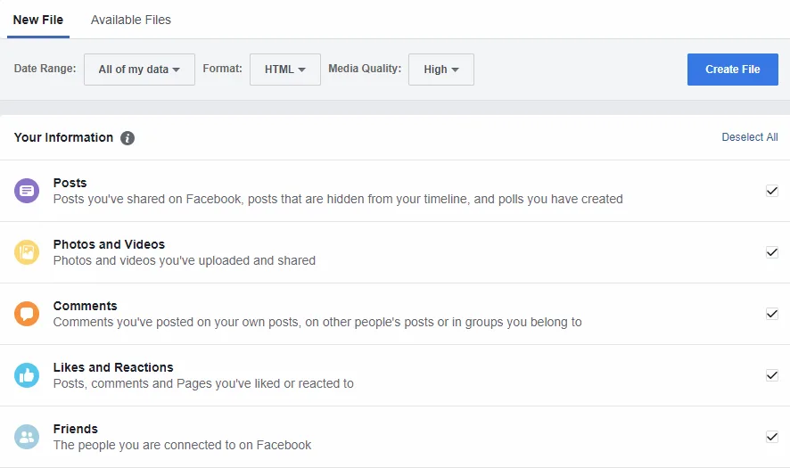 Facebook 下載你的資訊頁面,可設定日期範圍、檔案格式、媒體畫質並勾選貼文、相片等類別