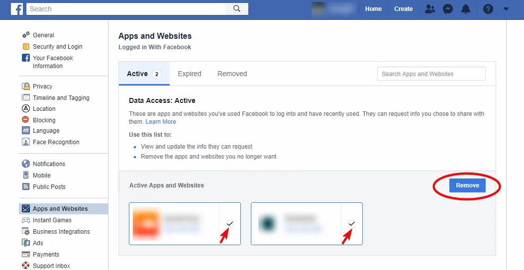 Facebook「應用程式和網站」頁面,列出以 Facebook 登入的有效應用程式並可勾選移除