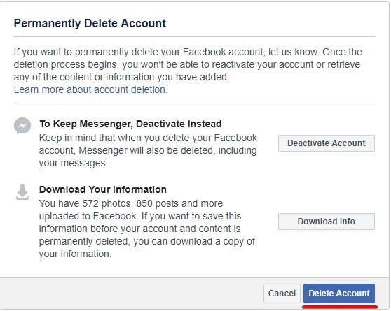 Facebook 永久刪除帳號對話框,提醒刪除後 Messenger 訊息一併刪除,並提供停用與下載資訊選項
