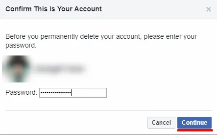刪除帳號前的確認視窗,要求重新輸入 Facebook 密碼後按「繼續」