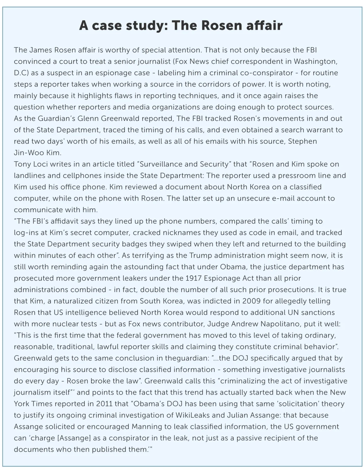 Rosen 案說明：FBI 比對通話時間、電腦登入與門禁刷卡紀錄，拼出記者與消息來源的接觸
